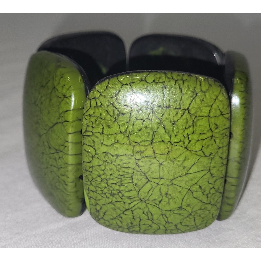 Vintage Chunky Stretch Bracelet Green Crackle Statement Square Link Retro 1980s